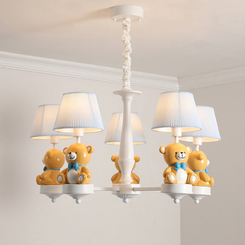 Bucket Chandelier Lighting Kids Pleated Fabric Child Room Pendant Light with Decorative Bear in White Clearhalo 'Ceiling Lights' 'Chandeliers' Lighting' options 2197252