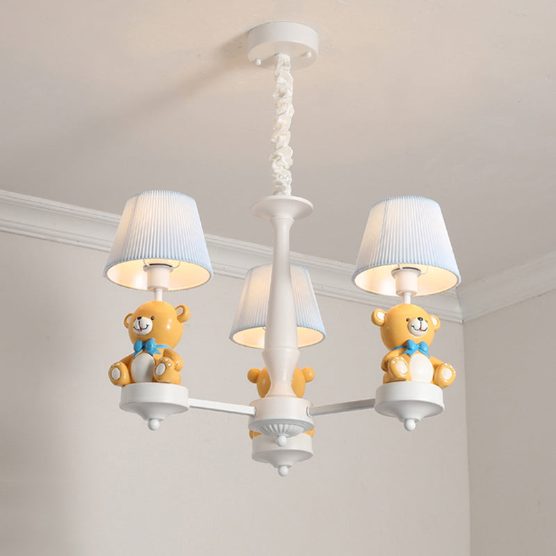 Bucket Chandelier Lighting Kids Pleated Fabric Child Room Pendant Light with Decorative Bear in White Clearhalo 'Ceiling Lights' 'Chandeliers' Lighting' options 2197253