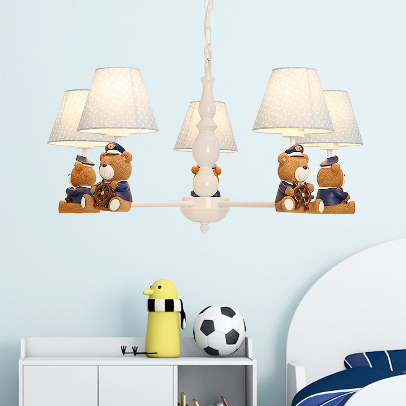 Resin Bear Ceiling Lighting Cartoon White Chandelier Light Fixture with Patterned Fabric Shade Clearhalo 'Ceiling Lights' 'Chandeliers' Lighting' options 2197256