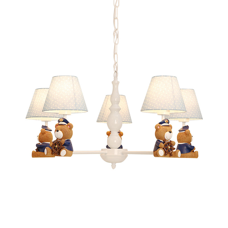 Resin Bear Ceiling Lighting Cartoon White Chandelier Light Fixture with Patterned Fabric Shade Clearhalo 'Ceiling Lights' 'Chandeliers' Lighting' options 2197257