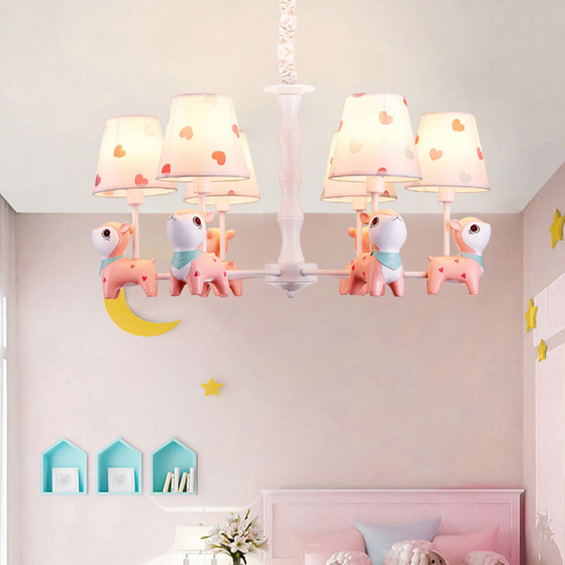 Cartoon Empire Shade Suspension Light Patterned Fabric Bedroom Chandelier Light with Resin Deer in Pink Clearhalo 'Ceiling Lights' 'Chandeliers' Lighting' options 2197276