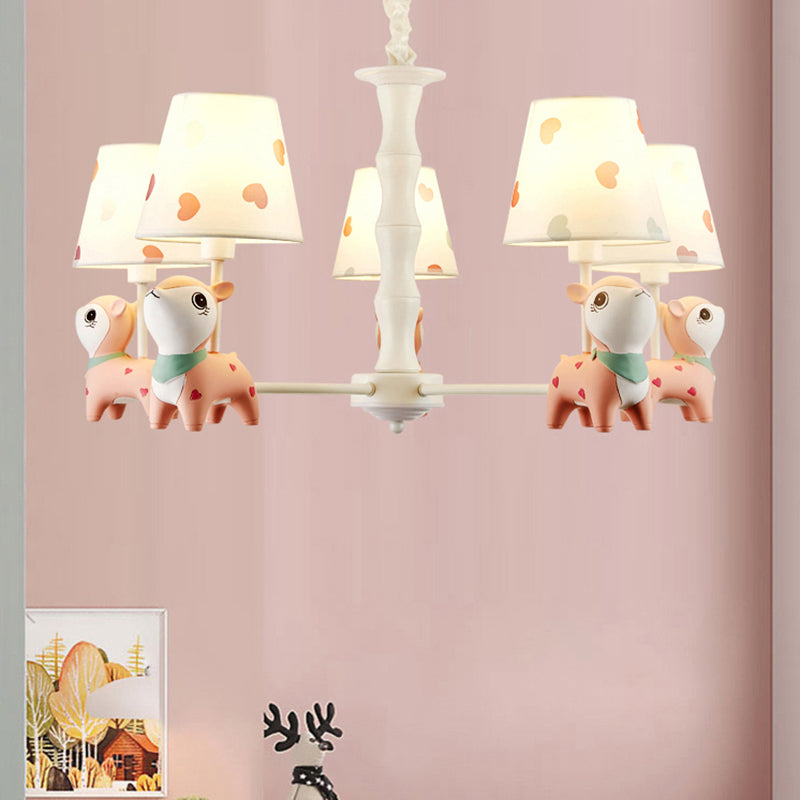 Cartoon Empire Shade Suspension Light Patterned Fabric Bedroom Chandelier Light with Resin Deer in Pink Clearhalo 'Ceiling Lights' 'Chandeliers' Lighting' options 2197278