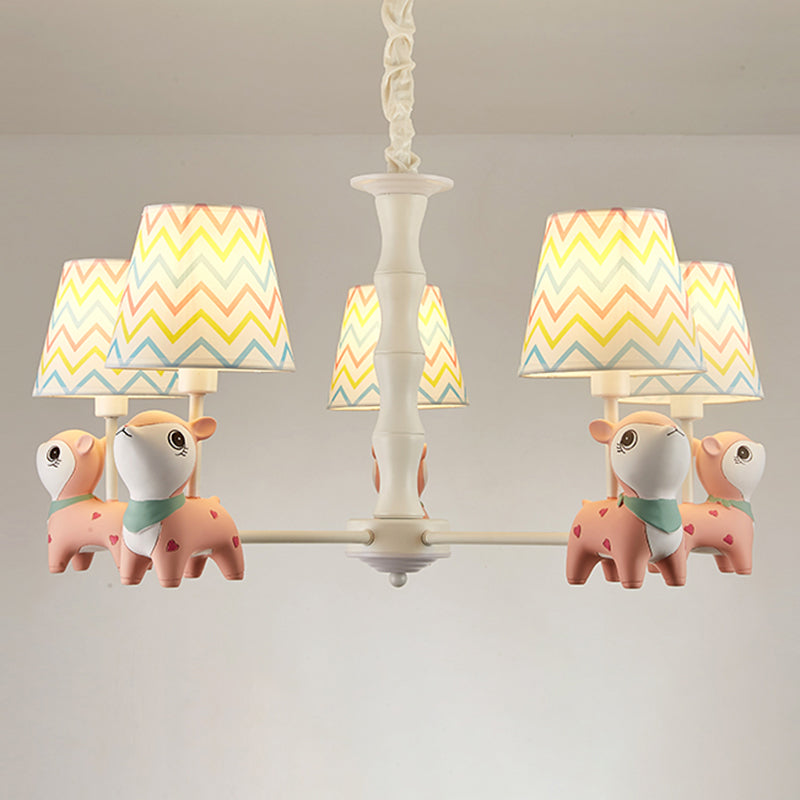 Cartoon Empire Shade Suspension Light Patterned Fabric Bedroom Chandelier Light with Resin Deer in Pink Clearhalo 'Ceiling Lights' 'Chandeliers' Lighting' options 2197279