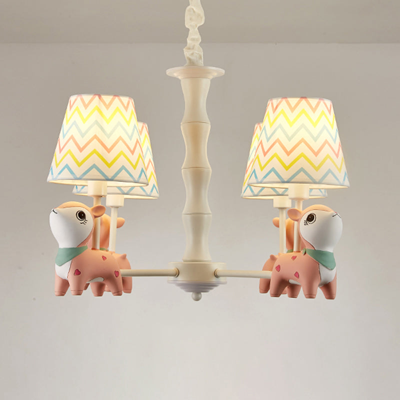 Cartoon Empire Shade Suspension Light Patterned Fabric Bedroom Chandelier Light with Resin Deer in Pink Clearhalo 'Ceiling Lights' 'Chandeliers' Lighting' options 2197281