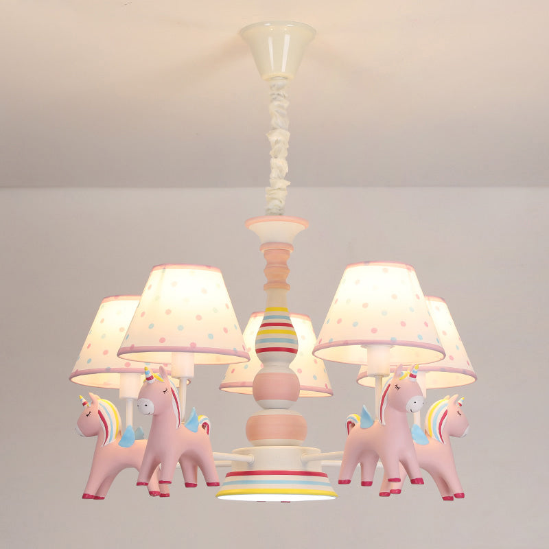 Resin Rainbow Unicorn Chandelier Lighting Cartoon Pink Pendant Light with Tapered Fabric Shade Clearhalo 'Ceiling Lights' 'Chandeliers' Lighting' options 2197284