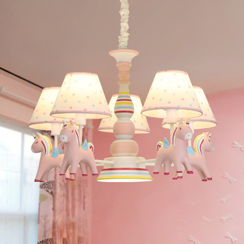 Resin Rainbow Unicorn Chandelier Lighting Cartoon Pink Pendant Light with Tapered Fabric Shade Clearhalo 'Ceiling Lights' 'Chandeliers' Lighting' options 2197285