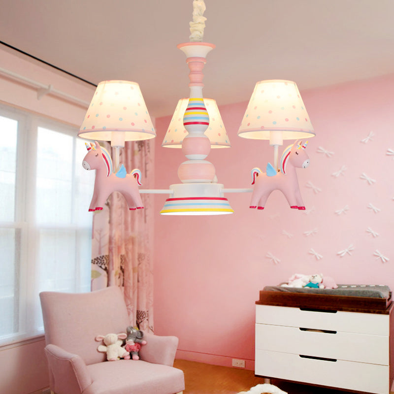 Resin Rainbow Unicorn Chandelier Lighting Cartoon Pink Pendant Light with Tapered Fabric Shade Clearhalo 'Ceiling Lights' 'Chandeliers' Lighting' options 2197288