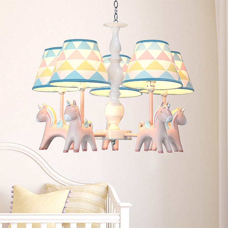 Tapered Shade Child Room Suspension Light Patterned Fabric Kids Chandelier Light with Decorative Unicorn Clearhalo 'Ceiling Lights' 'Chandeliers' Lighting' options 2197289