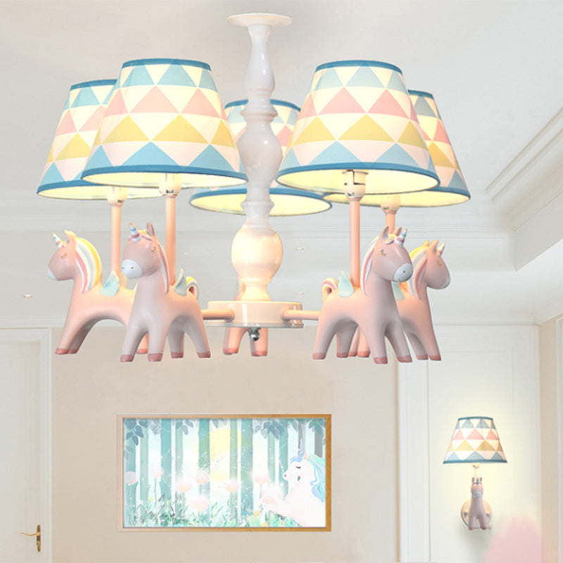 Tapered Shade Child Room Suspension Light Patterned Fabric Kids Chandelier Light with Decorative Unicorn Clearhalo 'Ceiling Lights' 'Chandeliers' Lighting' options 2197290