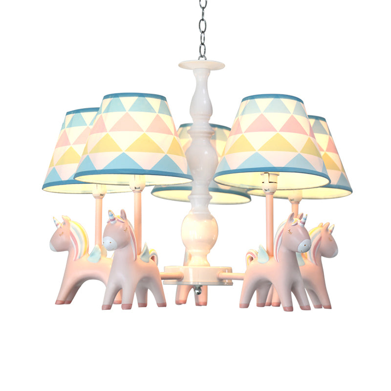 Tapered Shade Child Room Suspension Light Patterned Fabric Kids Chandelier Light with Decorative Unicorn Clearhalo 'Ceiling Lights' 'Chandeliers' Lighting' options 2197291