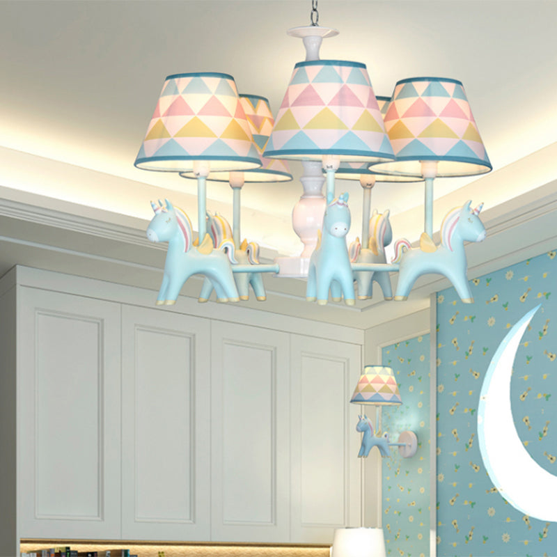 Tapered Shade Child Room Suspension Light Patterned Fabric Kids Chandelier Light with Decorative Unicorn Clearhalo 'Ceiling Lights' 'Chandeliers' Lighting' options 2197292