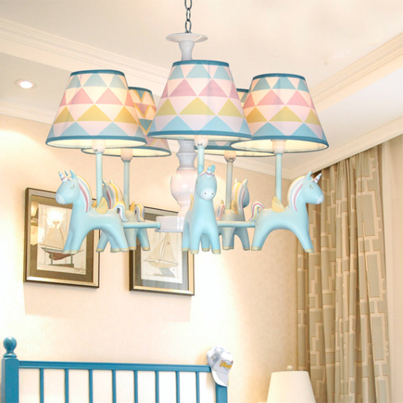 Tapered Shade Child Room Suspension Light Patterned Fabric Kids Chandelier Light with Decorative Unicorn Clearhalo 'Ceiling Lights' 'Chandeliers' Lighting' options 2197293