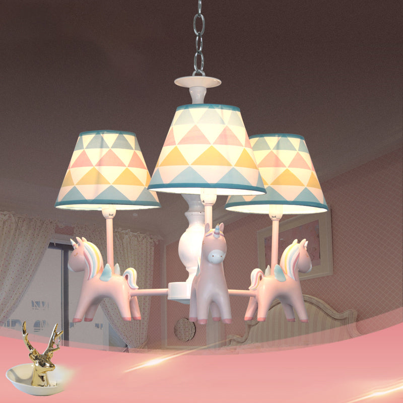 Tapered Shade Child Room Suspension Light Patterned Fabric Kids Chandelier Light with Decorative Unicorn Clearhalo 'Ceiling Lights' 'Chandeliers' Lighting' options 2197294