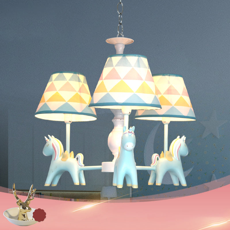 Tapered Shade Child Room Suspension Light Patterned Fabric Kids Chandelier Light with Decorative Unicorn 3 Blue B Clearhalo 'Ceiling Lights' 'Chandeliers' Lighting' options 2197295_879d4424-5d88-4fea-a7e4-27332f123bf0