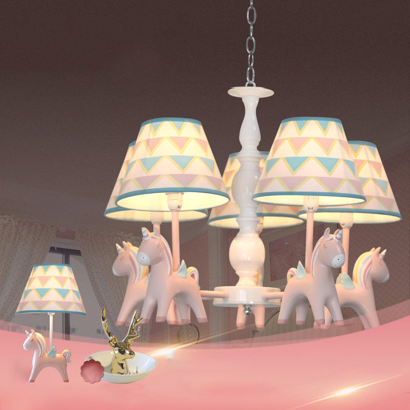 Tapered Shade Child Room Suspension Light Patterned Fabric Kids Chandelier Light with Decorative Unicorn Clearhalo 'Ceiling Lights' 'Chandeliers' Lighting' options 2197296