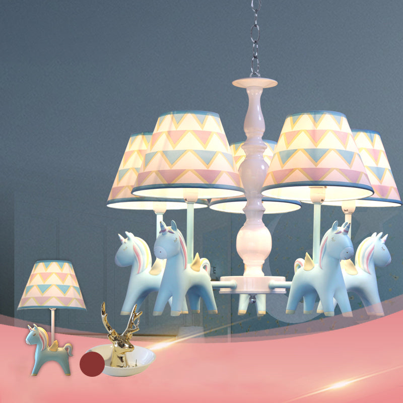 Tapered Shade Child Room Suspension Light Patterned Fabric Kids Chandelier Light with Decorative Unicorn 5 Blue A Clearhalo 'Ceiling Lights' 'Chandeliers' Lighting' options 2197297_83ecb884-a0fa-4dda-b3f4-a518d67d61bf