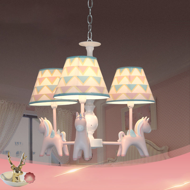 Tapered Shade Child Room Suspension Light Patterned Fabric Kids Chandelier Light with Decorative Unicorn Clearhalo 'Ceiling Lights' 'Chandeliers' Lighting' options 2197298