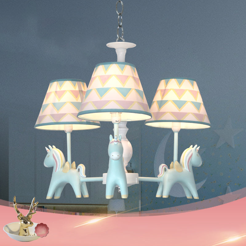 Tapered Shade Child Room Suspension Light Patterned Fabric Kids Chandelier Light with Decorative Unicorn Clearhalo 'Ceiling Lights' 'Chandeliers' Lighting' options 2197299