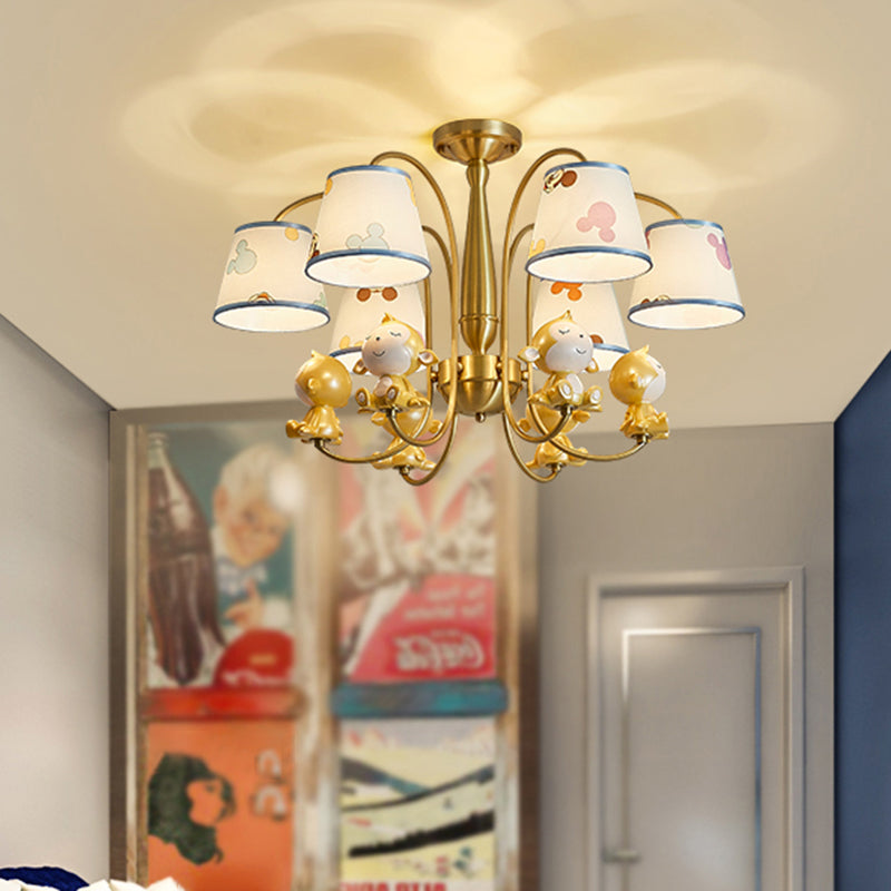 Animal Nursery Ceiling Lighting Resin Childrens Chandelier Light Fixture with Tapered Fabric Shade in Gold 6 Gold Monkey Clearhalo 'Ceiling Lights' 'Chandeliers' Lighting' options 2197404_e0603c18-6104-4952-a31e-bb19cf8b6859