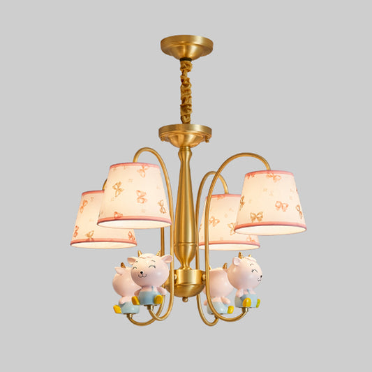 Animal Nursery Ceiling Lighting Resin Childrens Chandelier Light Fixture with Tapered Fabric Shade in Gold Clearhalo 'Ceiling Lights' 'Chandeliers' Lighting' options 2197417