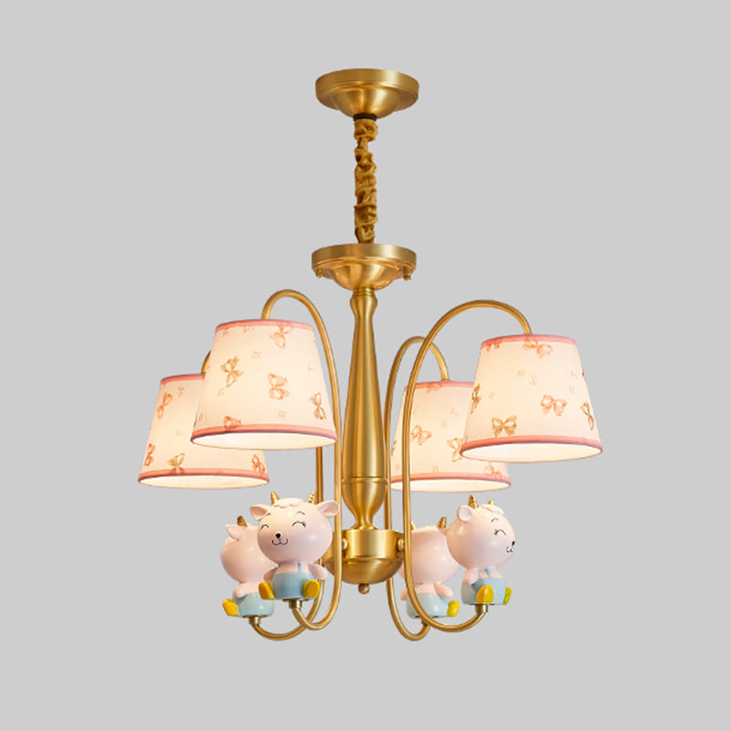 Animal Nursery Ceiling Lighting Resin Childrens Chandelier Light Fixture with Tapered Fabric Shade in Gold 4 Gold Sheep Clearhalo 'Ceiling Lights' 'Chandeliers' Lighting' options 2197417_f0f30194-b16b-4c58-9aef-a9b25d7ff6ce