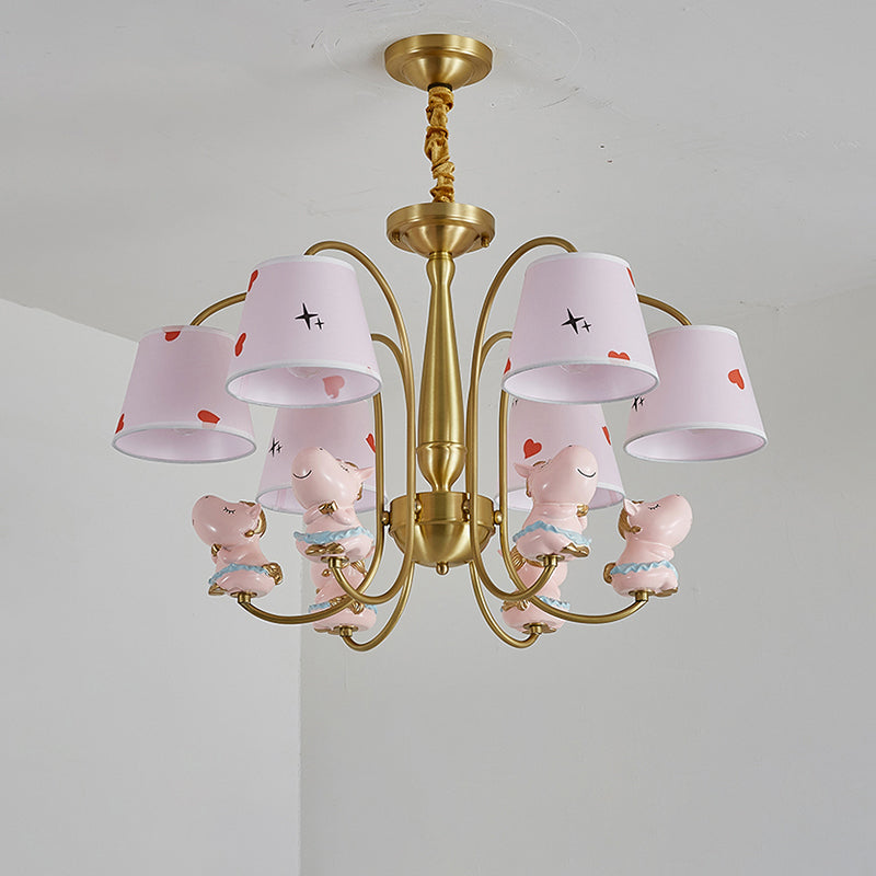 Animal Nursery Ceiling Lighting Resin Childrens Chandelier Light Fixture with Tapered Fabric Shade in Gold Clearhalo 'Ceiling Lights' 'Chandeliers' Lighting' options 2197420