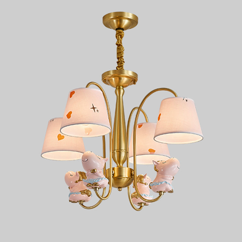 Animal Nursery Ceiling Lighting Resin Childrens Chandelier Light Fixture with Tapered Fabric Shade in Gold 4 Gold Horse Clearhalo 'Ceiling Lights' 'Chandeliers' Lighting' options 2197422_f6dafe0a-f671-4c93-af18-17dee695e171