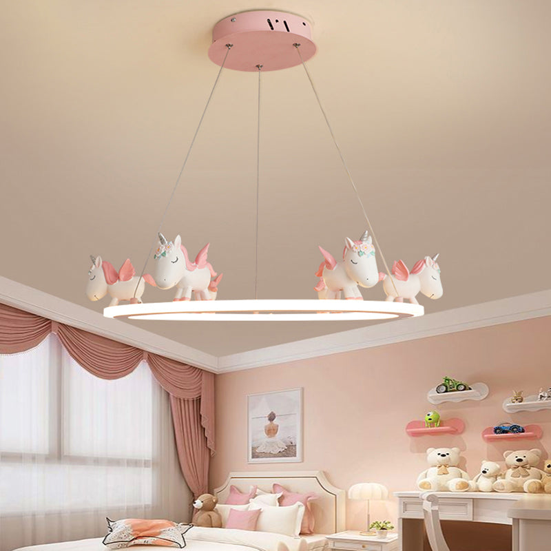 Ring LED Chandelier Light Childrens Acrylic Kindergarten Pendant Light Fixture with Resin Unicorn Clearhalo 'Ceiling Lights' 'Chandeliers' Lighting' options 2197437