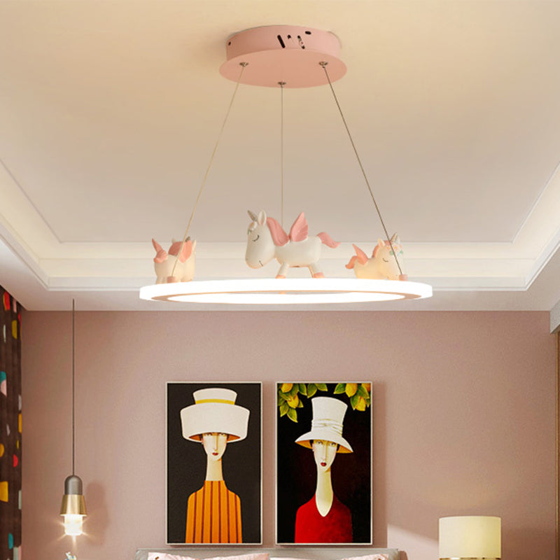 Ring LED Chandelier Light Childrens Acrylic Kindergarten Pendant Light Fixture with Resin Unicorn Clearhalo 'Ceiling Lights' 'Chandeliers' Lighting' options 2197441