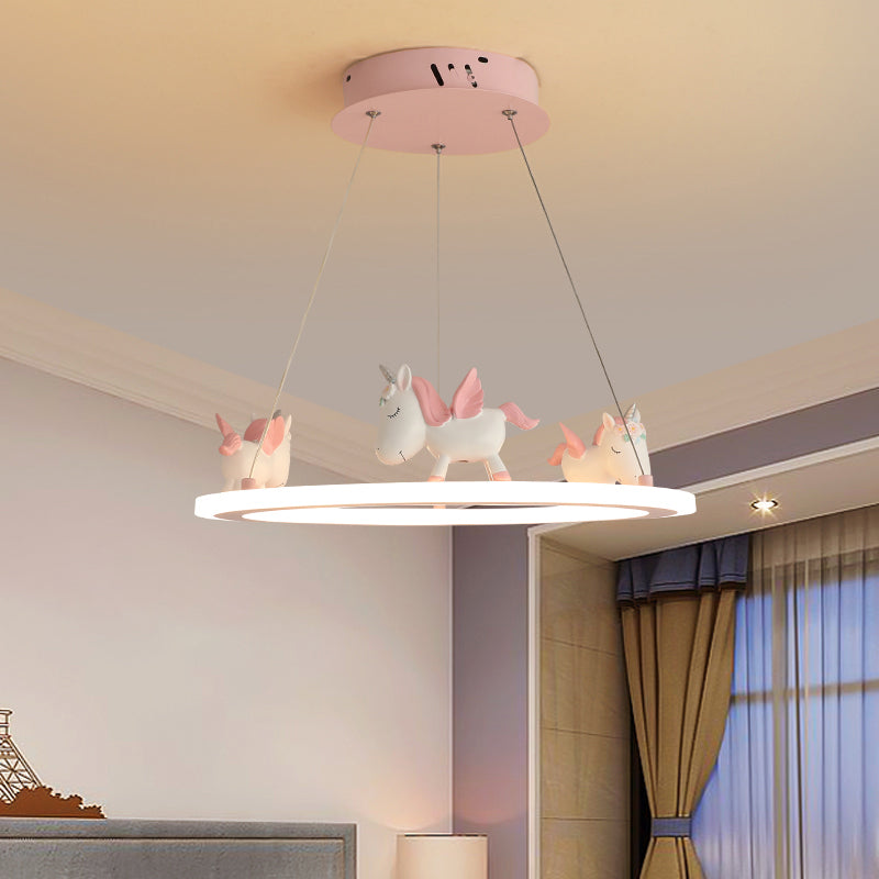 Ring LED Chandelier Light Childrens Acrylic Kindergarten Pendant Light Fixture with Resin Unicorn Clearhalo 'Ceiling Lights' 'Chandeliers' Lighting' options 2197442