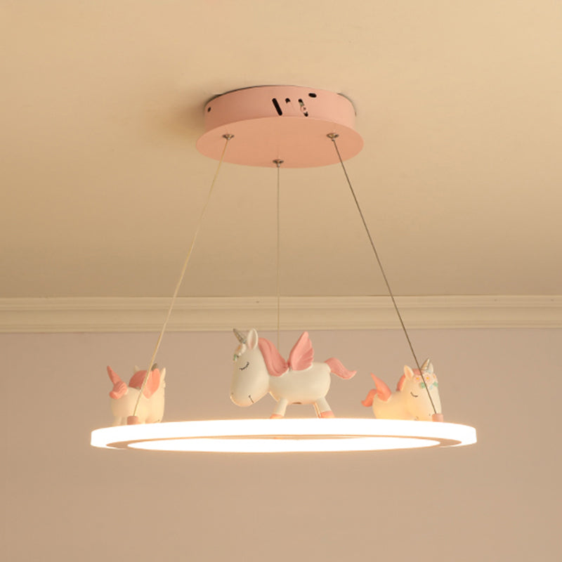 Ring LED Chandelier Light Childrens Acrylic Kindergarten Pendant Light Fixture with Resin Unicorn Clearhalo 'Ceiling Lights' 'Chandeliers' Lighting' options 2197444