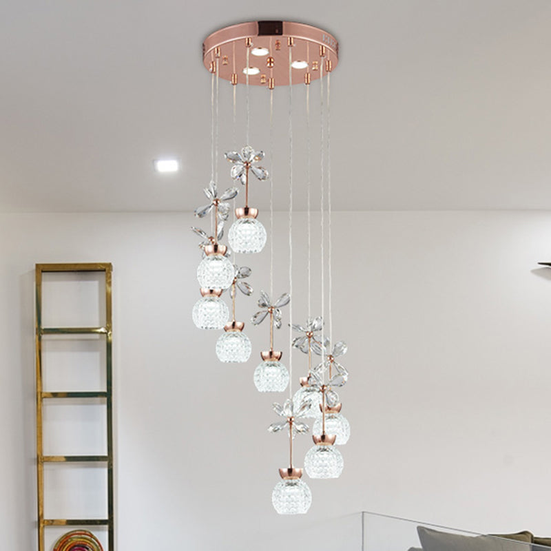 Floral Staircase Multi Light Pendant Crystal Modern LED Hanging Lighting with Dome Shade in Rose Gold Clearhalo 'Ceiling Lights' 'Modern Pendants' 'Modern' 'Pendant Lights' 'Pendants' Lighting' 2197466