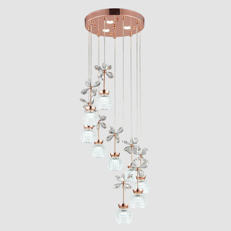 Floral Staircase Multi Light Pendant Crystal Modern LED Hanging Lighting with Dome Shade in Rose Gold Clearhalo 'Ceiling Lights' 'Modern Pendants' 'Modern' 'Pendant Lights' 'Pendants' Lighting' 2197467