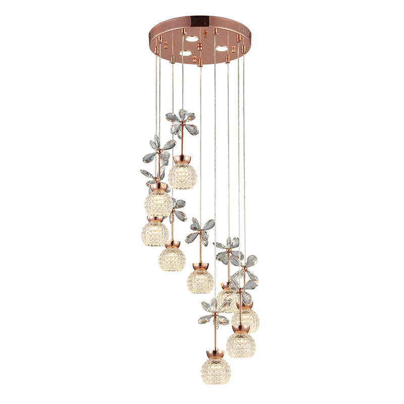 Floral Staircase Multi Light Pendant Crystal Modern LED Hanging Lighting with Dome Shade in Rose Gold Clearhalo 'Ceiling Lights' 'Modern Pendants' 'Modern' 'Pendant Lights' 'Pendants' Lighting' 2197468