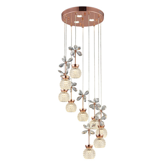 Floral Staircase Multi Light Pendant Crystal Modern LED Hanging Lighting with Dome Shade in Rose Gold Clearhalo 'Ceiling Lights' 'Modern Pendants' 'Modern' 'Pendant Lights' 'Pendants' Lighting' 2197468