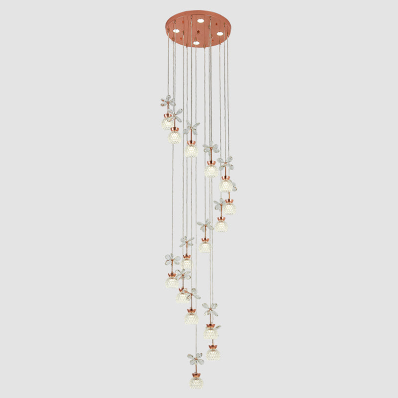 Floral Staircase Multi Light Pendant Crystal Modern LED Hanging Lighting with Dome Shade in Rose Gold Clearhalo 'Ceiling Lights' 'Modern Pendants' 'Modern' 'Pendant Lights' 'Pendants' Lighting' 2197470