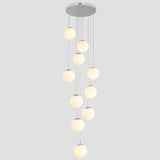 Frost Glass Sphere Multi Ceiling Light Artistic 10 Heads Suspension Lighting in Silver Clearhalo 'Ceiling Lights' 'Glass shade' 'Glass' 'Modern Pendants' 'Modern' 'Pendant Lights' 'Pendants' Lighting' 2197484