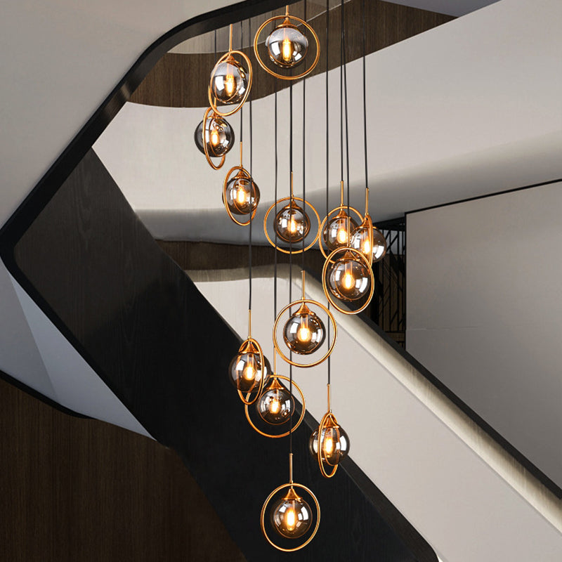 Nordic Style Spiral Ball Hanging Lighting Glass Staircase Multi Light Pendant 13 Smoke Gray B Clearhalo 'Ceiling Lights' 'Glass shade' 'Glass' 'Modern Pendants' 'Modern' 'Pendant Lights' 'Pendants' Lighting' 2197510
