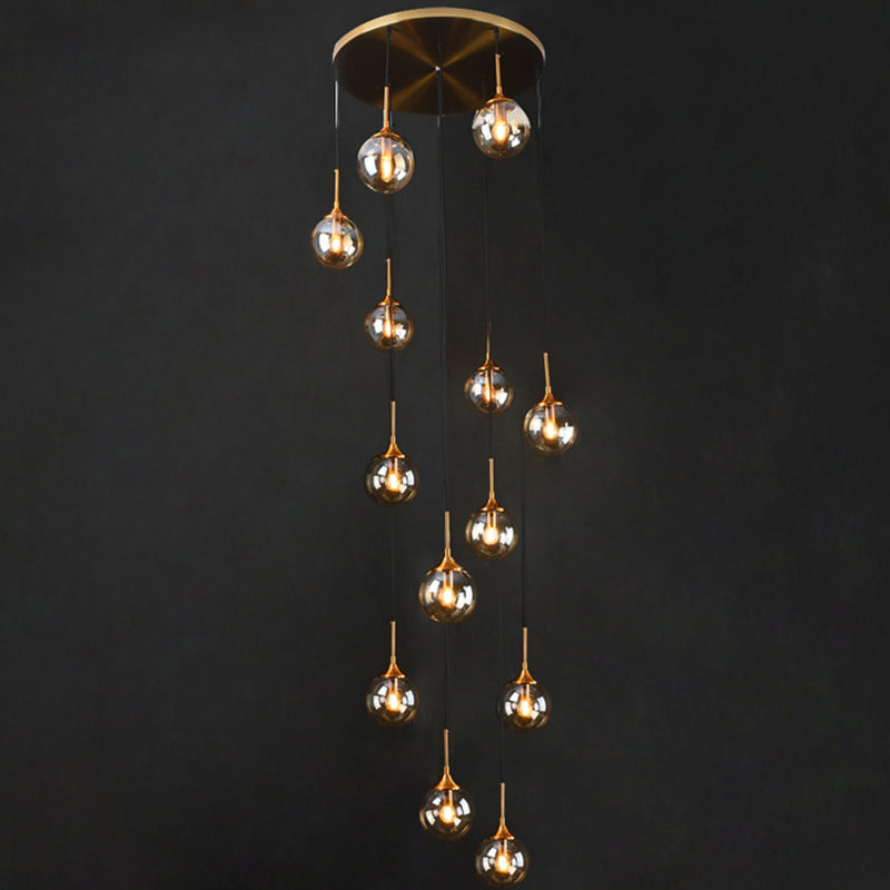 Nordic Style Spiral Ball Hanging Lighting Glass Staircase Multi Light Pendant 13 Amber A Clearhalo 'Ceiling Lights' 'Glass shade' 'Glass' 'Modern Pendants' 'Modern' 'Pendant Lights' 'Pendants' Lighting' 2197515