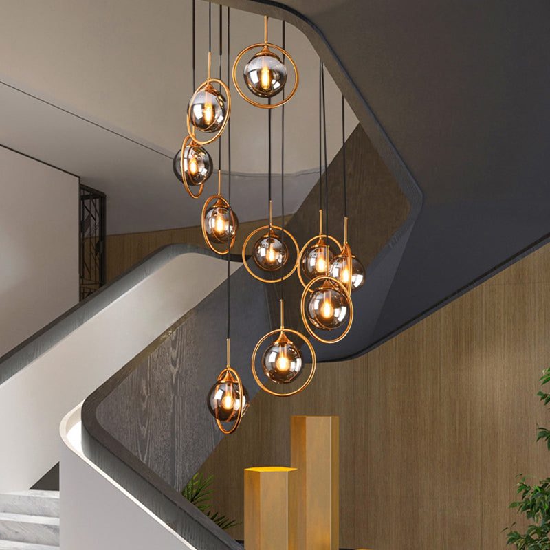 Nordic Style Spiral Ball Hanging Lighting Glass Staircase Multi Light Pendant 10 Smoke Gray B Clearhalo 'Ceiling Lights' 'Glass shade' 'Glass' 'Modern Pendants' 'Modern' 'Pendant Lights' 'Pendants' Lighting' 2197517