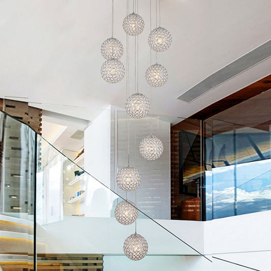 Artistic Hollowed out Ball Multi Ceiling Lamp Metallic 10 Bulbs Staircase Suspension Light Fixture in Silver Silver Clearhalo 'Ceiling Lights' 'Modern Pendants' 'Modern' 'Pendant Lights' 'Pendants' Lighting' 2197549
