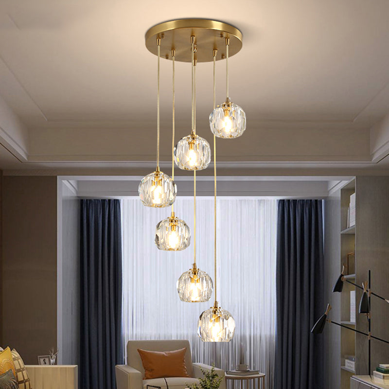 Dome Shade Pendant Light Contemporary Faceted Crystal Staircase Suspension Light Fixture in Brass 6 Brass Clearhalo 'Ceiling Lights' 'Modern Pendants' 'Modern' 'Pendant Lights' 'Pendants' Lighting' 2197556