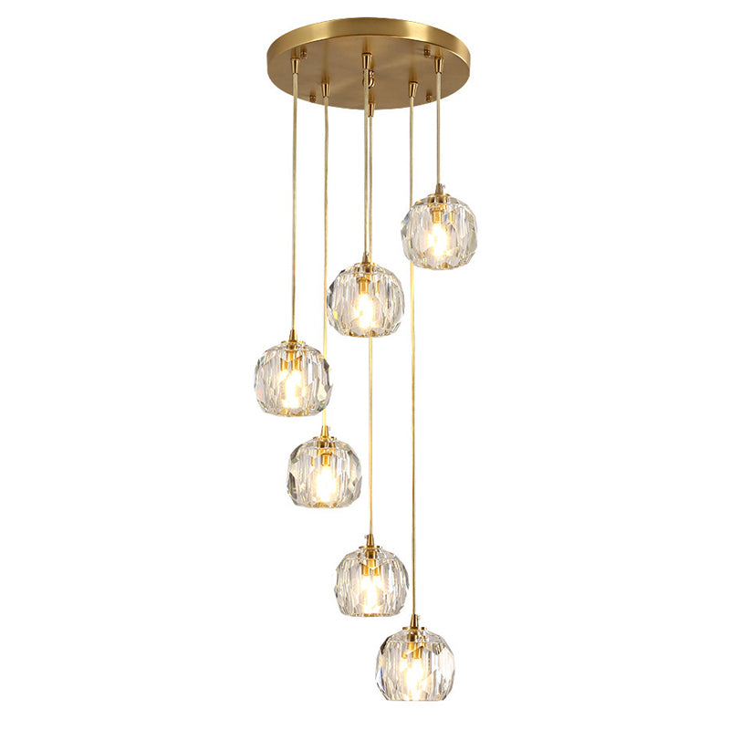 Dome Shade Pendant Light Contemporary Faceted Crystal Staircase Suspension Light Fixture in Brass Clearhalo 'Ceiling Lights' 'Modern Pendants' 'Modern' 'Pendant Lights' 'Pendants' Lighting' 2197557