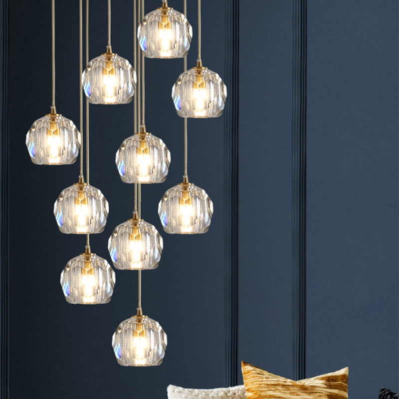 Dome Shade Pendant Light Contemporary Faceted Crystal Staircase Suspension Light Fixture in Brass 10 Brass Clearhalo 'Ceiling Lights' 'Modern Pendants' 'Modern' 'Pendant Lights' 'Pendants' Lighting' 2197558