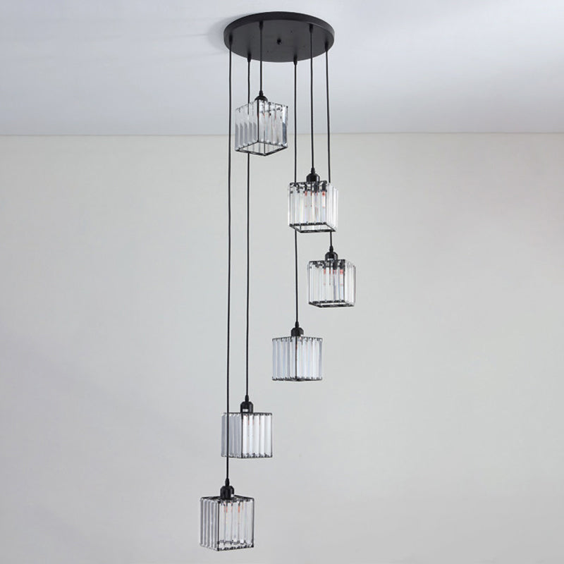 Tri-Prism Crystal Spiral Cube Hanging Light Modern Style 6 Bulbs Multi Light Pendant in Black Black Clearhalo 'Ceiling Lights' 'Modern Pendants' 'Modern' 'Pendant Lights' 'Pendants' Lighting' 2197559