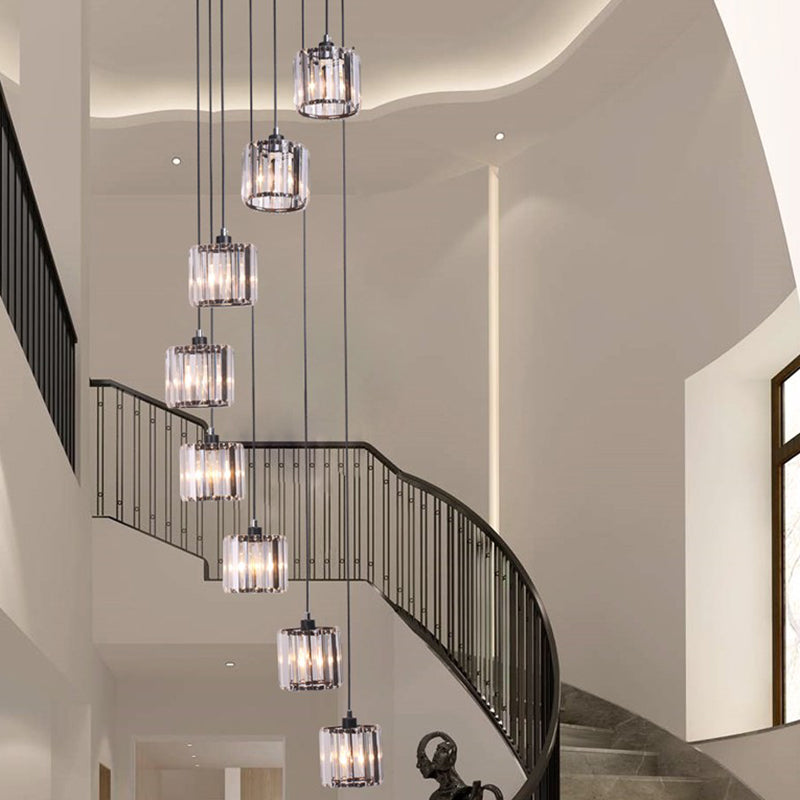 Geometrical Shade Staircase Suspension Light Glass Contemporary Multi Light Pendant 8 Black Cylinder Clearhalo 'Ceiling Lights' 'Glass shade' 'Glass' 'Modern Pendants' 'Modern' 'Pendant Lights' 'Pendants' Lighting' 2197572