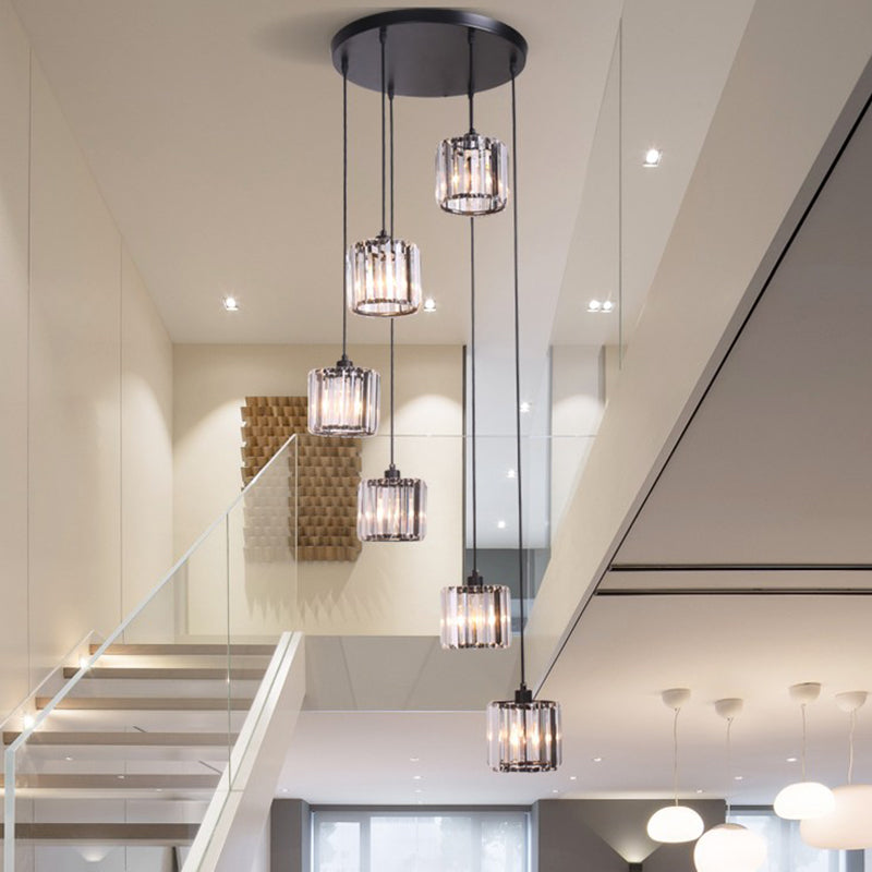Geometrical Shade Staircase Suspension Light Glass Contemporary Multi Light Pendant 6 Black Cylinder Clearhalo 'Ceiling Lights' 'Glass shade' 'Glass' 'Modern Pendants' 'Modern' 'Pendant Lights' 'Pendants' Lighting' 2197575