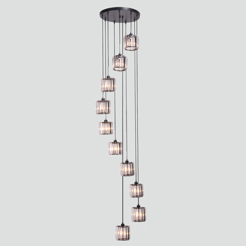 Geometrical Shade Staircase Suspension Light Glass Contemporary Multi Light Pendant 10 Black Cylinder Clearhalo 'Ceiling Lights' 'Glass shade' 'Glass' 'Modern Pendants' 'Modern' 'Pendant Lights' 'Pendants' Lighting' 2197580