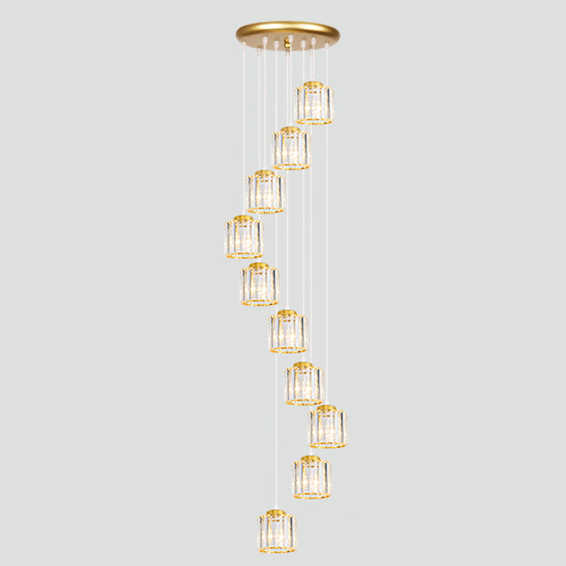 Geometrical Shade Staircase Suspension Light Glass Contemporary Multi Light Pendant 10 Gold Cylinder Clearhalo 'Ceiling Lights' 'Glass shade' 'Glass' 'Modern Pendants' 'Modern' 'Pendant Lights' 'Pendants' Lighting' 2197587