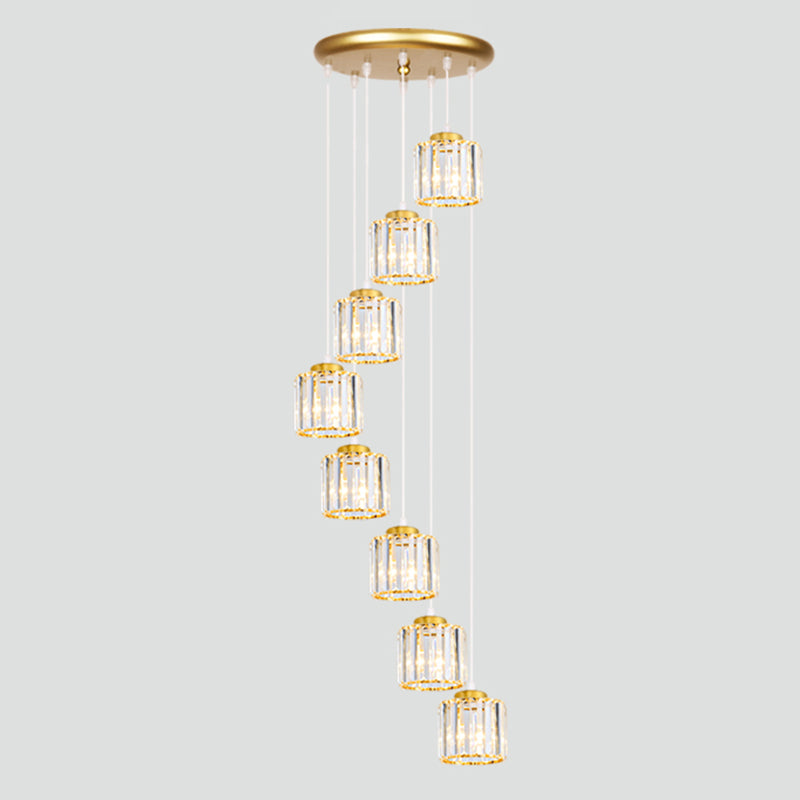 Geometrical Shade Staircase Suspension Light Glass Contemporary Multi Light Pendant 8 Gold Cylinder Clearhalo 'Ceiling Lights' 'Glass shade' 'Glass' 'Modern Pendants' 'Modern' 'Pendant Lights' 'Pendants' Lighting' 2197588